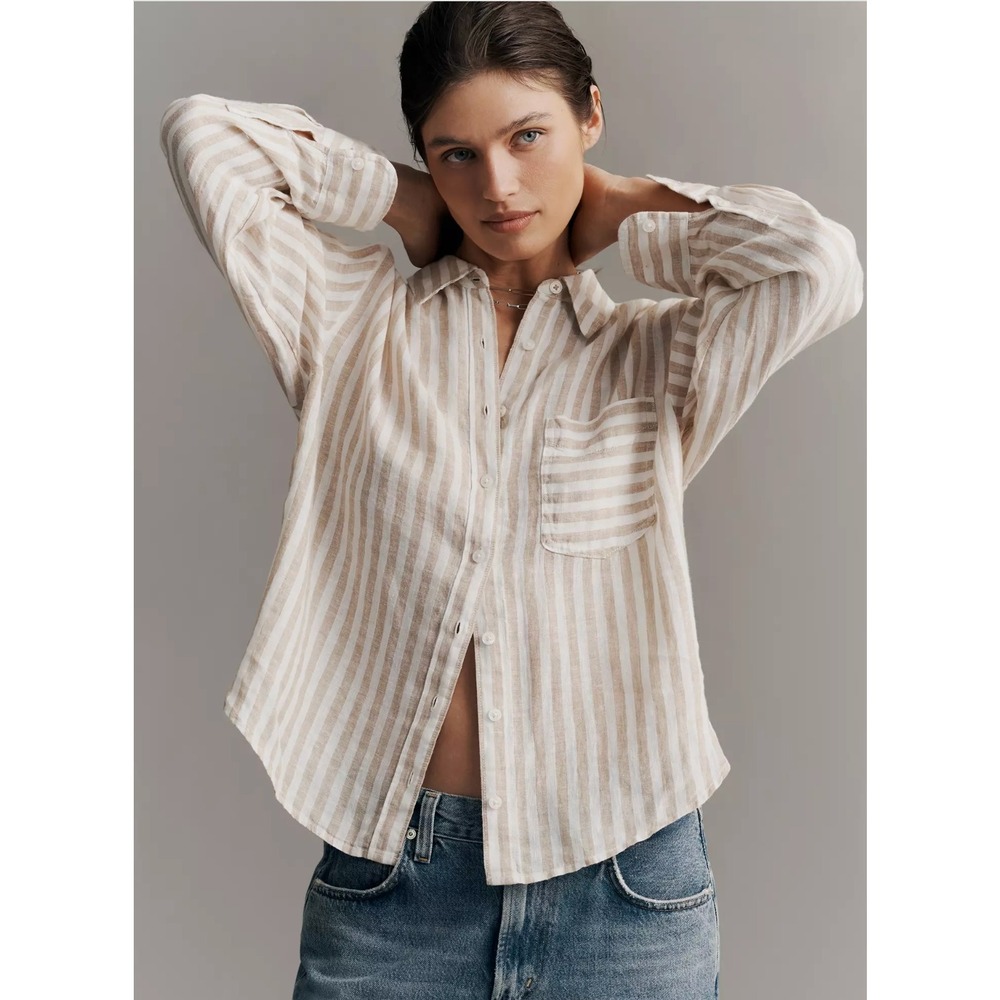 Maeve Anthropologie Shrunken Bennet Tan White Striped Linen Button Down Shirt M